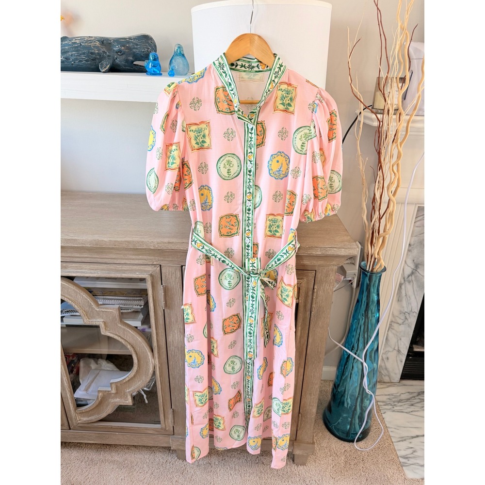 Unbranded Linen Blend Medallion Print Puff Sleeve Midi Dress Pink Large